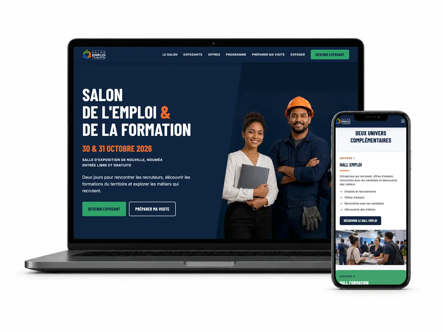 Le site salonemploi.nc présenté sur un ordinateur portable et un téléphone montrant les deux univers complémentaires et le Hall Emploi