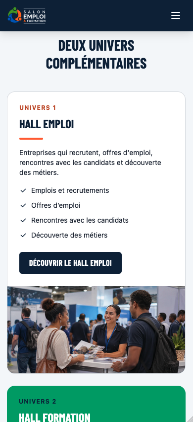 Capture de la page d’accueil du site salonemploi.nc sur mobile montrant les deux univers complémentaires et le Hall Emploi